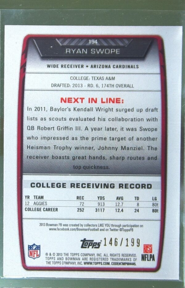 2013 Bowman Ryan Swope Rainbow Red /199 RC #194 Cardinals - Image 3