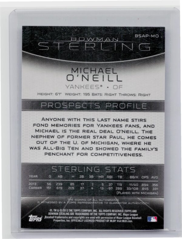 2013 Bowman Sterling Michael O'Neill AU #BSAP-MO Yankees Prospect Autographs - Image 3