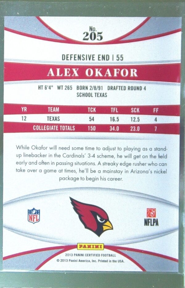 2013 Certified Alex Okafor Mirror Blue /100 RC #205 Cardinals - Image 3