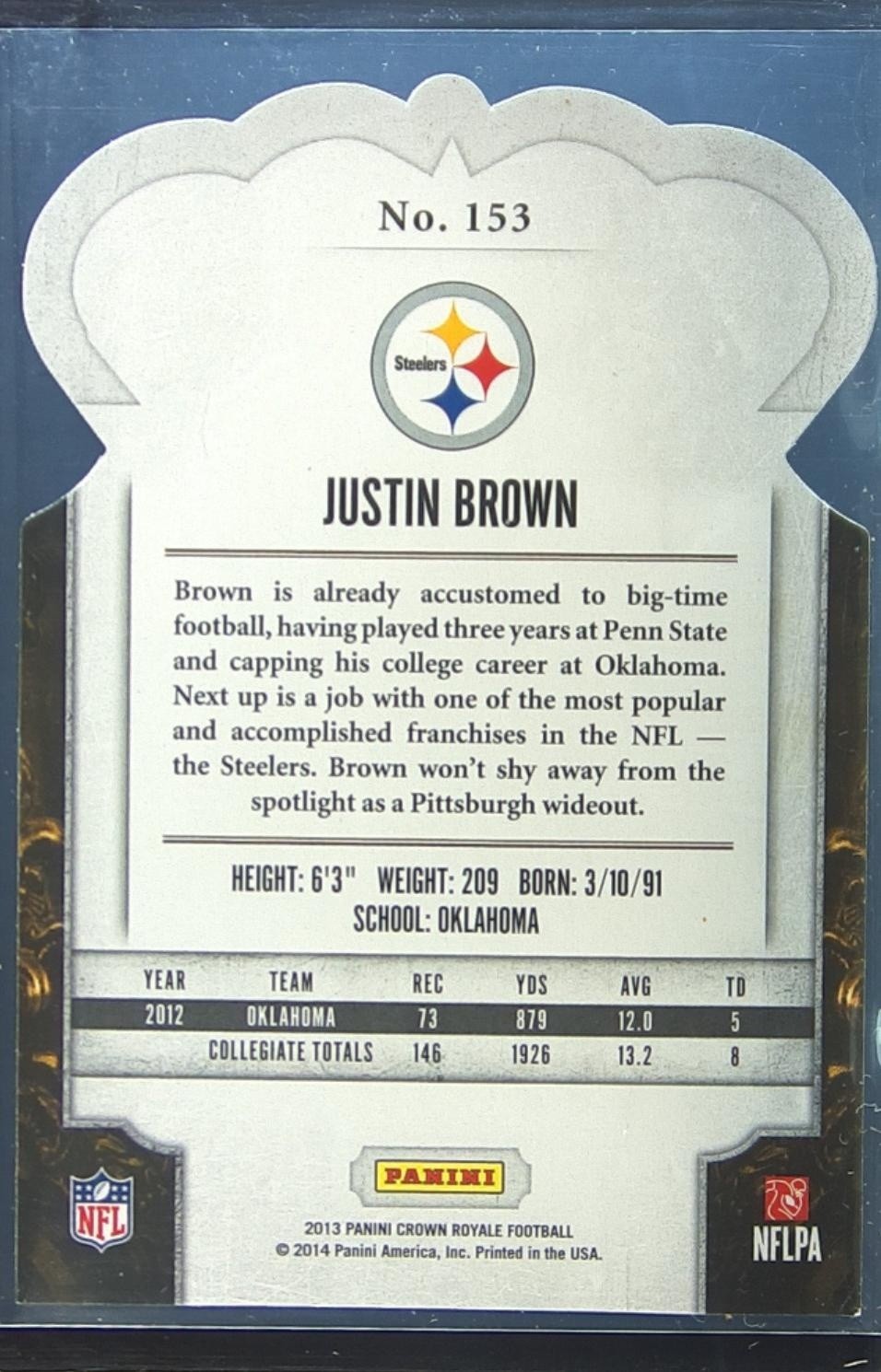 2013 Crown Royale Justin Brown Bronze (Die Cut Crown) RC #153 Steelers - Image 3