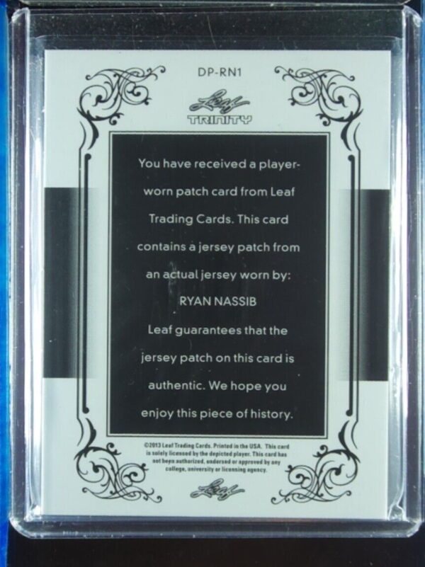2013 Leaf Trinity Ryan Nassib SN5 MEM #DP-RN1 Orange Jumbo Patch Red - Image 3