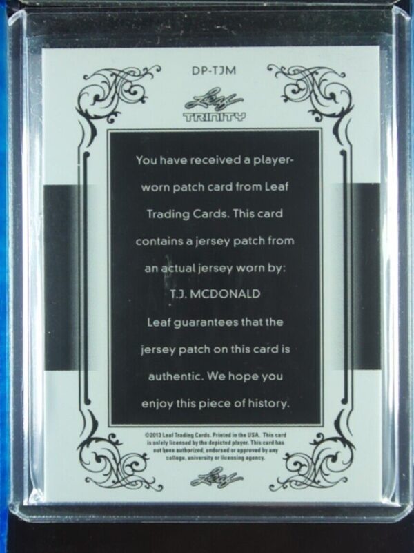 2013 Leaf Trinity T.J. McDonald SN10 MEM #DP-TJM Trojans Jumbo Patch Gold - Image 3