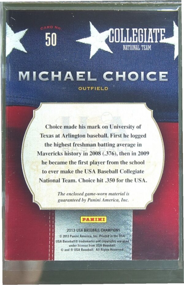 2013 Panini USA Baseball Champions Michael Choice JSY #50 USA Game Gear Jerseys - Image 3