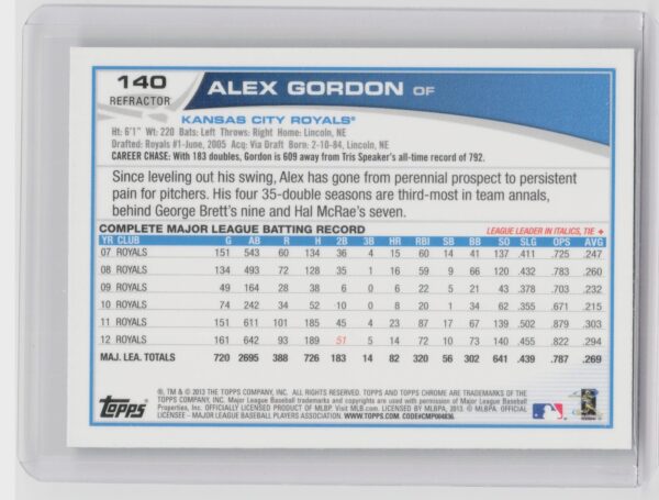2013 Topps Chrome Alex Gordon Purple Refractors #140 Royals - Image 3