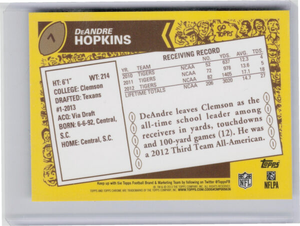 2013 Topps Chrome DeAndre Hopkins #7 Texans 1986 - Image 3