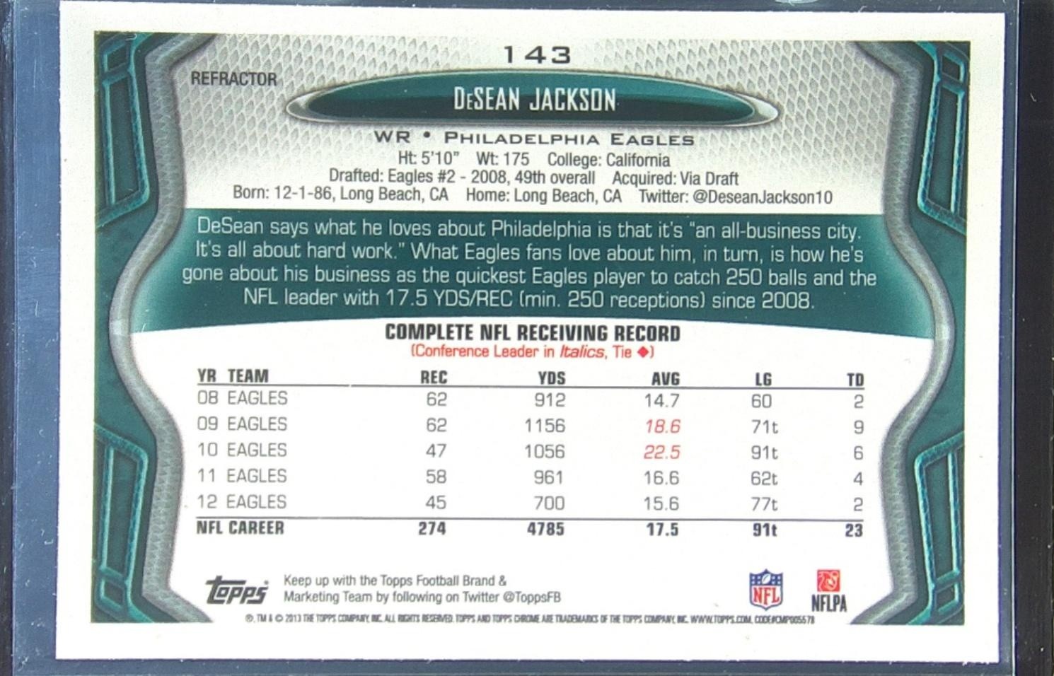 2013 Topps Chrome DeSean Jackson Xfractors #143 Eagles - Image 3