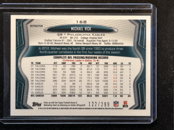 2013 Topps Chrome Michael Vick Black Refractor /299 Eagles #168 - Image 3