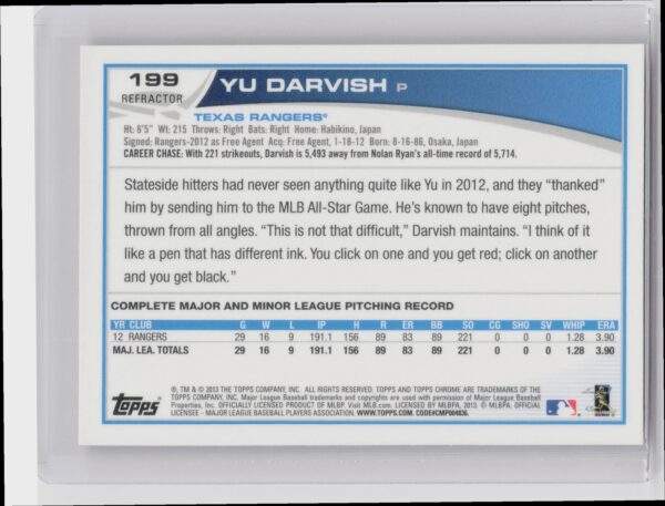 2013 Topps Chrome Yu Darvish Orange Refractors #199 Rangers - Image 3