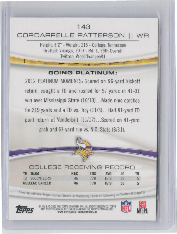 2013 Topps Platinum Cordarrelle Patterson RC #143 Vikings - Image 3