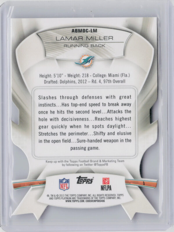 2013 Topps Platinum Lamar Miller #ABMDC-LM Dolphins Pink Die Cut - Image 3