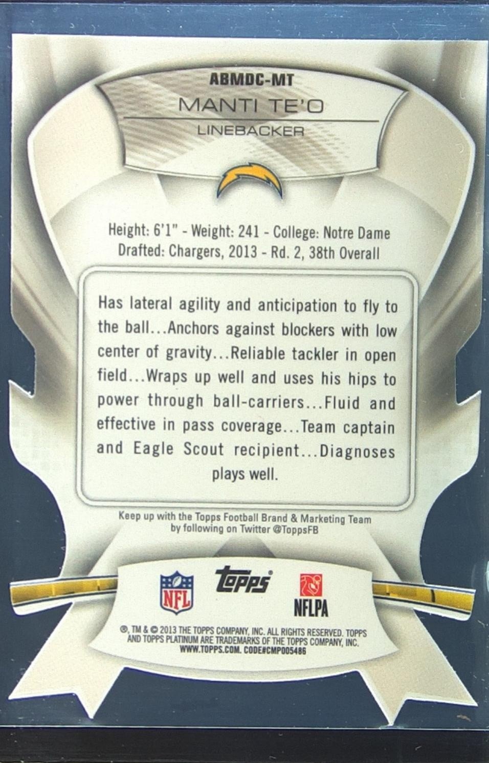 2013 Topps Platinum Manti Te'o RC #ABMDC-MT Chargers Die Cut Ribbons - Image 3