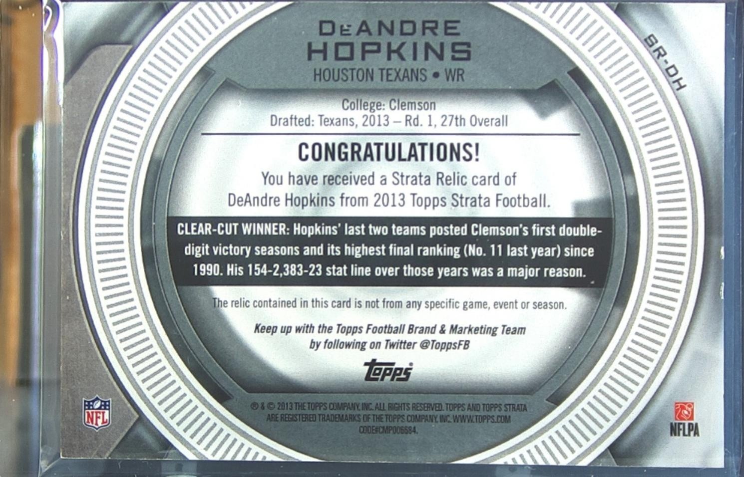 2013 Topps Strata DeAndre Hopkins /10 JSY RC #SR-DH Texans Relics Ruby Patch - Image 3