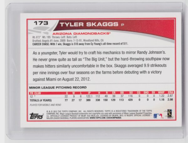 2013 Topps Tyler Skaggs RC #173 Diamondbacks - Image 3