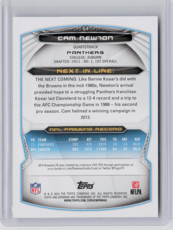 2014 Bowman Cam Newton Veterans Black #64 Panthers - Image 3