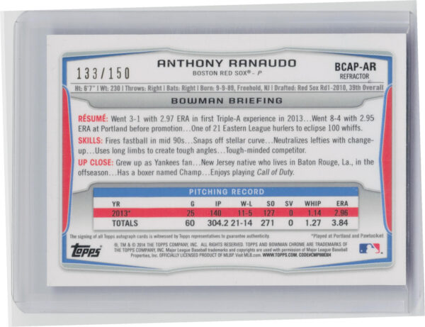 2014 Bowman Chrome Anthony Ranaudo AU SN150 #BCAP-AR Sox Prospect Autographs Blu - Image 3