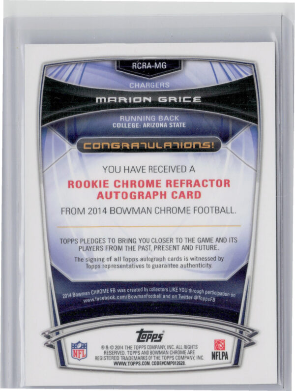 2014 Bowman Chrome Marion Grice #RCRA-MG Chargers Rookie Autographs Bubble - Image 3