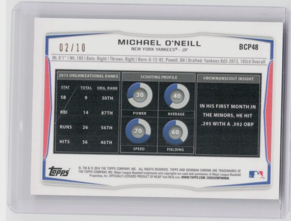 2014 Bowman Chrome Michael O'Neill /10 #BCP48 Yankees Carbon Fiber Refractor - Image 3