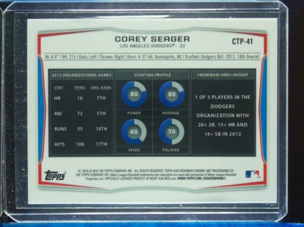2014 Bowman Draft Corey Seager #CTP-41 Dodgers Chrome Top Prospects Refractors - Image 3