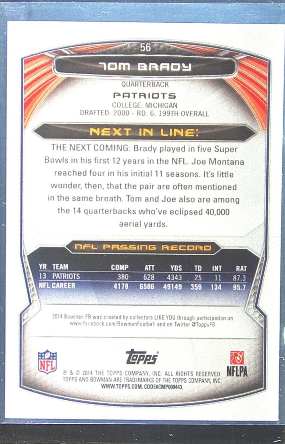 2014 Bowman Tom Brady Veterans Black #56 Patriots - Image 3