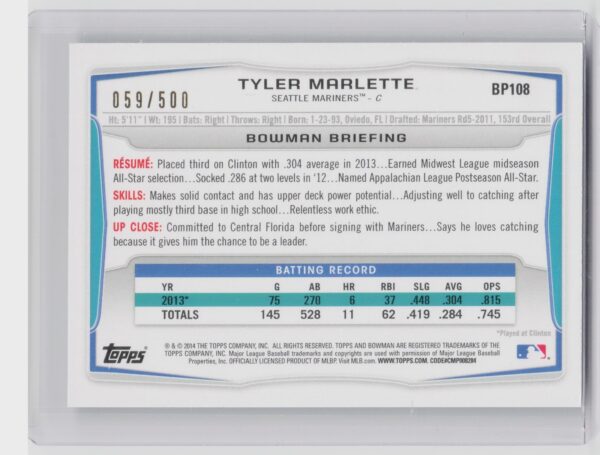 2014 Bowman Tyler Marlette /500 #BP108 Mariners Prospects Blue - Image 3