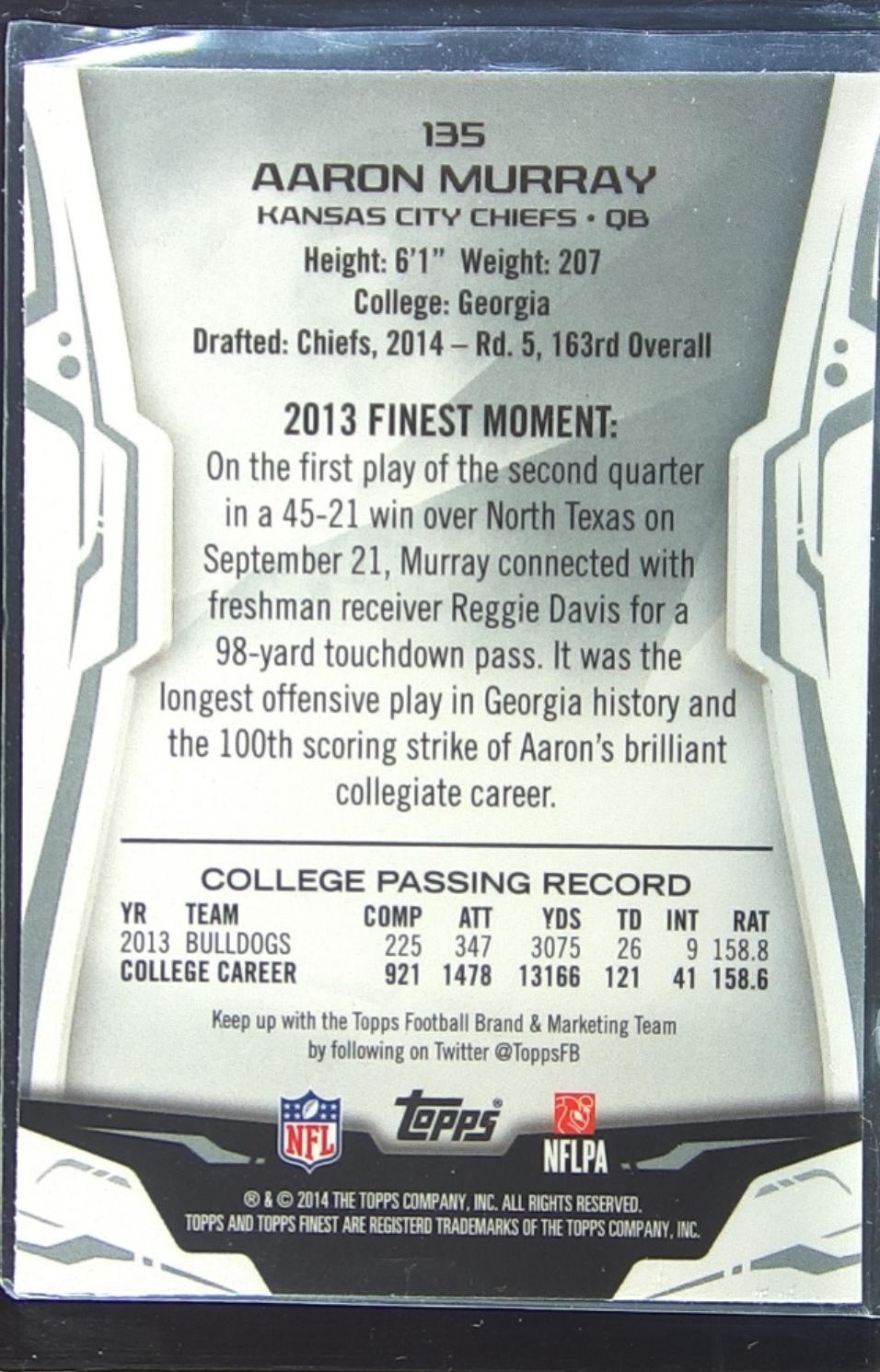 2014 Finest Aaron Murray Refractors RC #135 Chiefs - Image 3