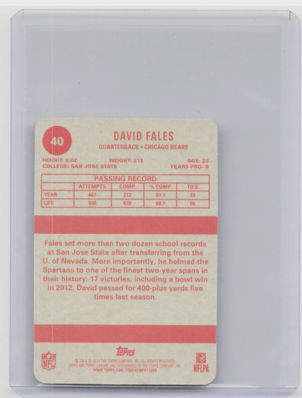 2014 Topps Chrome David Fales /50 #40 Bears 1963 Minis Pulsar Refractors Die Cu - Image 3