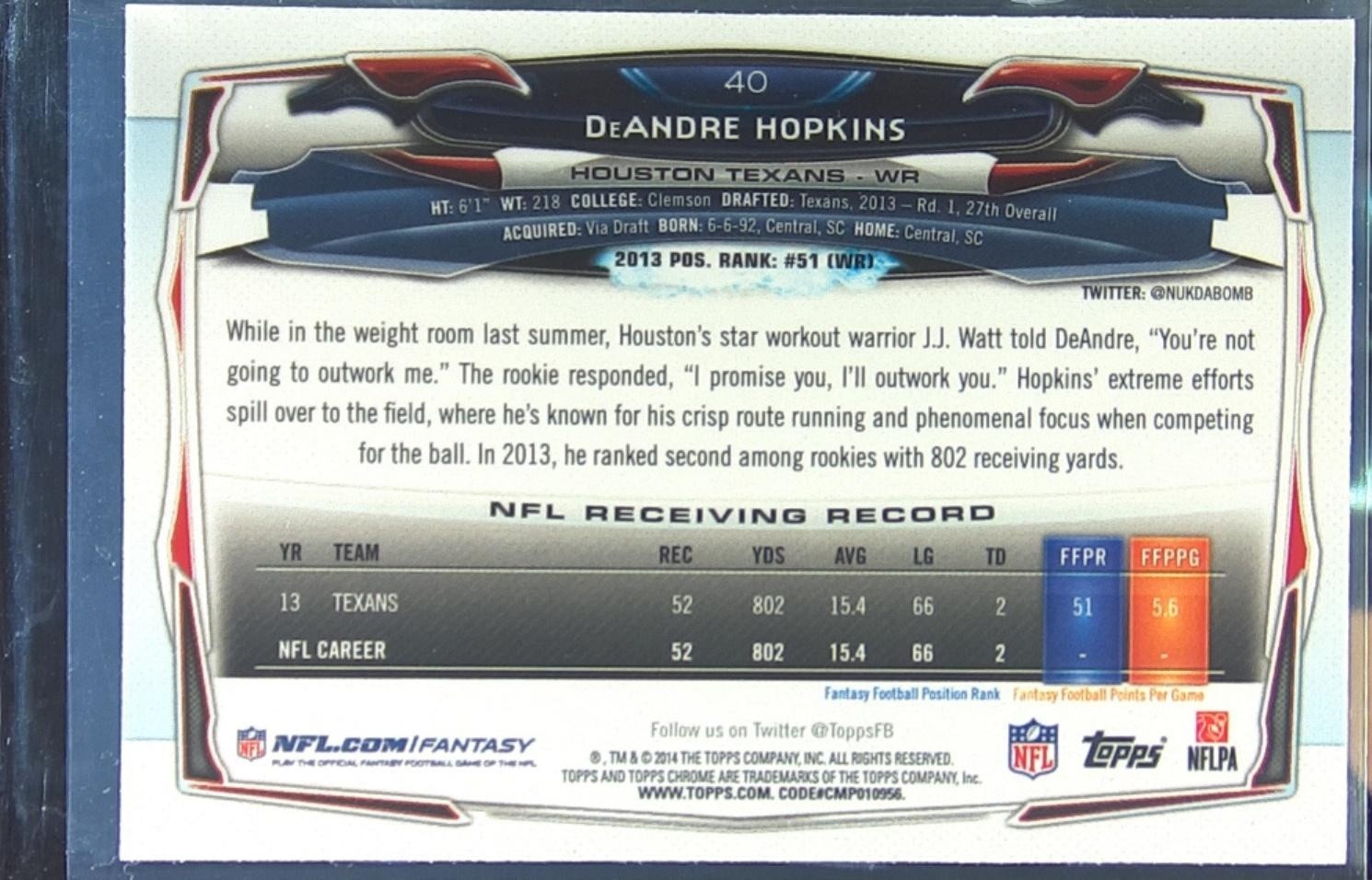 2014 Topps Chrome DeAndre Hopkins Pulsar Refractors #40 Texans - Image 3