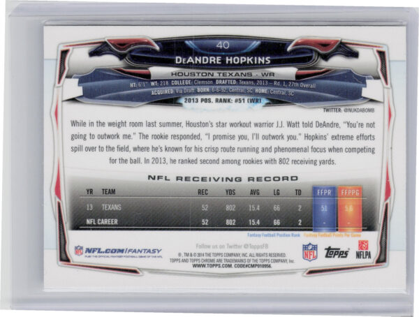 2014 Topps Chrome DeAndre Hopkins Refractor #40 Texans - Image 3