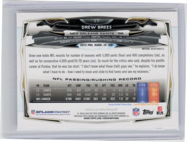 2014 Topps Chrome Drew Brees Refractor #17 Saints - Image 3