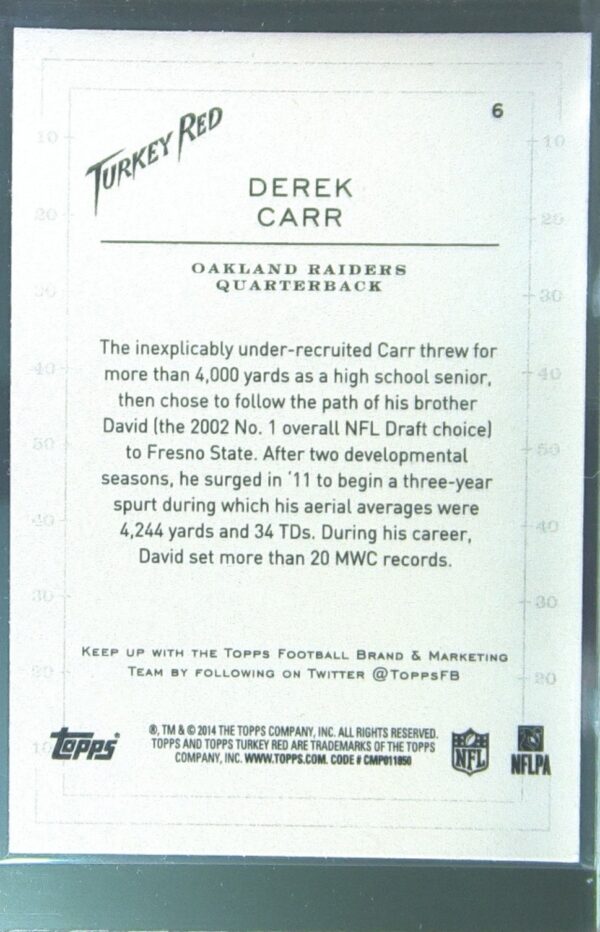 2014 Topps Turkey Red Derek Carr Mini RC #6 Raiders - Image 3