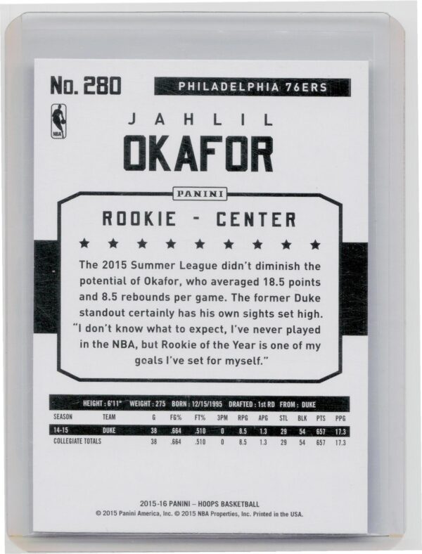 2015-16 Hoops Jahlil Okafor RC #280 76ers - Image 3