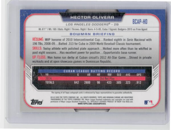 2015 Bowman Chrome Hector Olivera AU #BCAP-HO Dodgers Prospect Autographs - Image 3