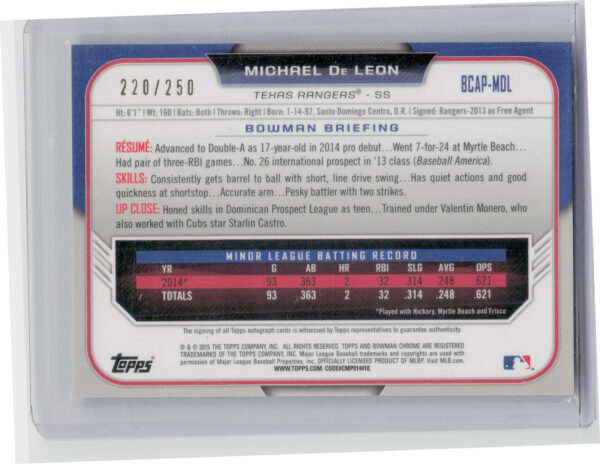 2015 Bowman Chrome Michael De Leon AU SN250 #BCAP-MDL Rangers Prospect Autograph - Image 3