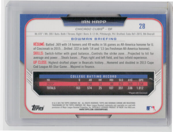 2015 Bowman Draft Ian Happ #28 Cubs - Image 3