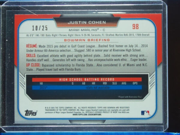 2015 Bowman Draft Justin Cohen Orange SN25 #98 Marlins - Image 3