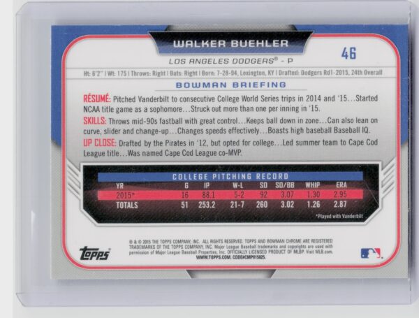 2015 Bowman Draft Walker Buehler #46 Dodgers - Image 3