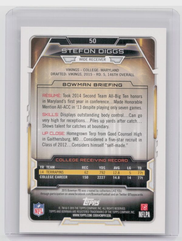 2015 Bowman Stefon Diggs RC #50 Vikings Rookies - Image 3