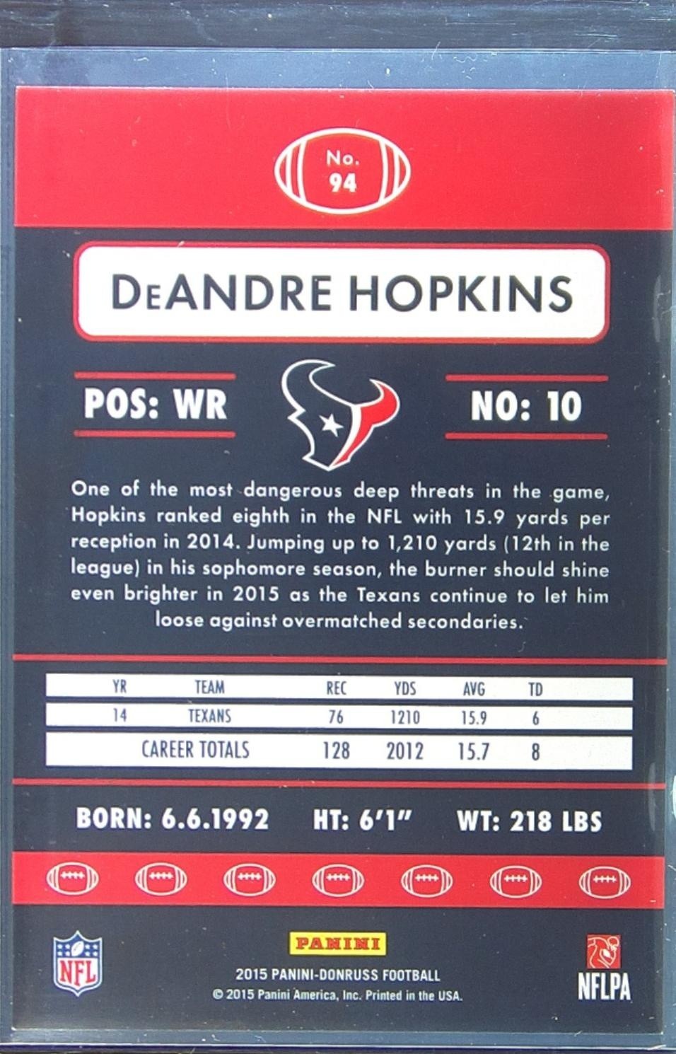 2015 Donruss DeAndre Hopkins Press Proof Blue /99 #94 Texans - Image 3