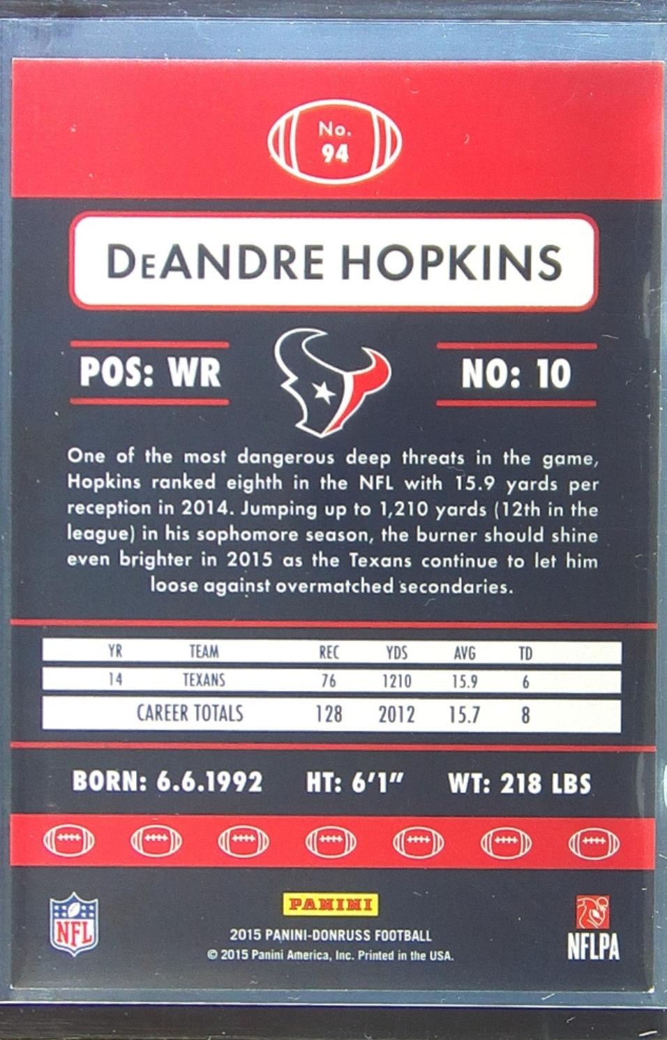 2015 Donruss DeAndre Hopkins Press Proof Silver /25 #94 Texans - Image 3