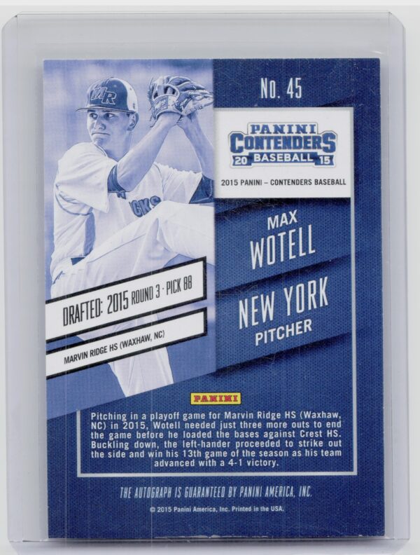 2015 Panini Contenders Max Wotell AU SN15 #45 Mets Draft Ticket Autographs Playo - Image 3