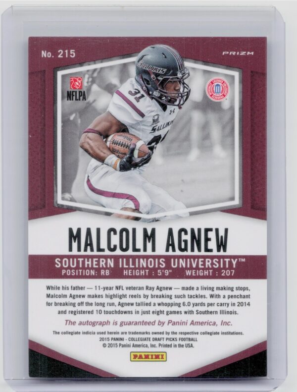 2015 Panini Prizm Collegiate Draft Picks Malcolm Agnew AU SN199 #215 Salukis Aut - Image 3