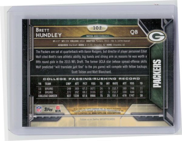 2015 Topps Chrome Brett Hundley Purple Refractor #102 Packers - Image 3