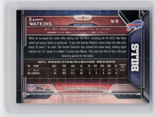 2015 Topps Chrome Sammy Watkins Xfractors #4 Bills - Image 3