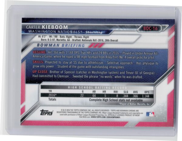 2016 Bowman Draft Carter Kieboom Chrome #BDC-16 Nationals - Image 3