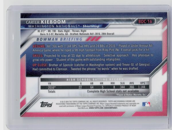2016 Bowman Draft Carter Kieboom Chrome #BDC-16 Nationals - Image 3
