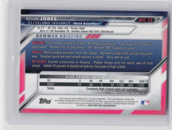 2016 Bowman Draft Nolan Jones Chrome #BDC-32 Indians - Image 3