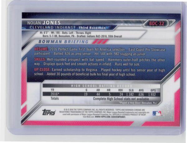 2016 Bowman Draft Nolan Jones Chrome #BDC-32 Indians - Image 3
