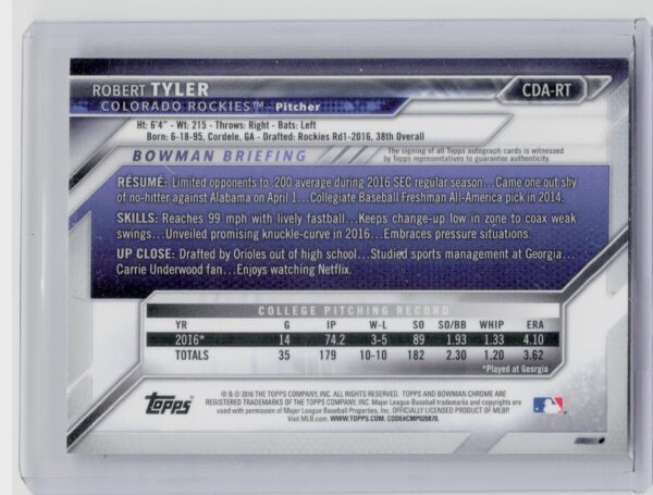 2016 Bowman Draft Robert Tyler AU #CDA-RT Rockies Chrome Draft Pick Autographs - Image 3