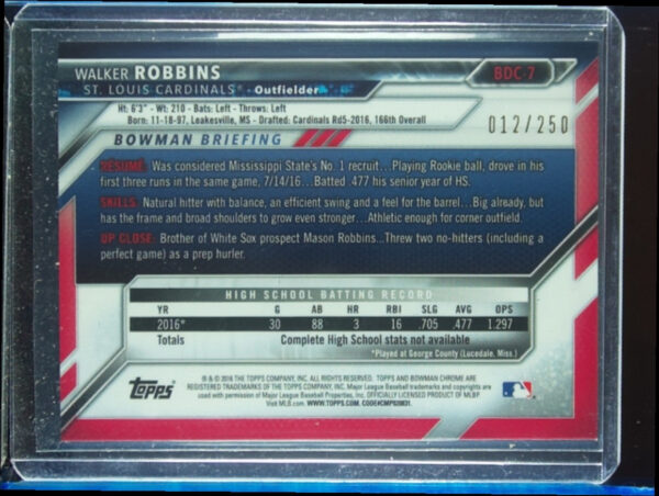 2016 Bowman Draft Walker Robbins Chrome Purple Refractor SN250 #BDC-7 Cardinals - Image 3