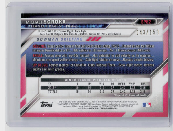 2016 Bowman Michael Soroka SN150 #BP82 Braves Prospects Blue - Image 3